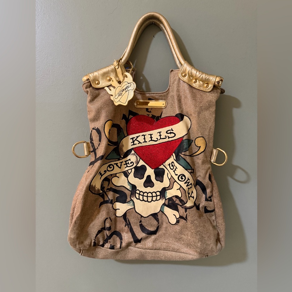 Ed Hardy Gold Bronze Y2K 90s Love Kills Slowly Skull Tattoo Tanya Tote Bag